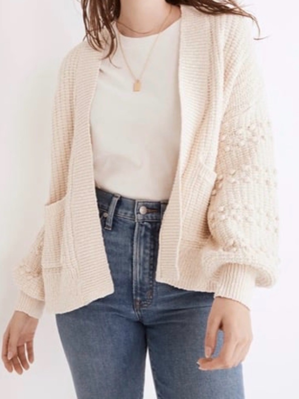 Bobble Cardigan Knit Sweater in Bright Ivory With Pockets